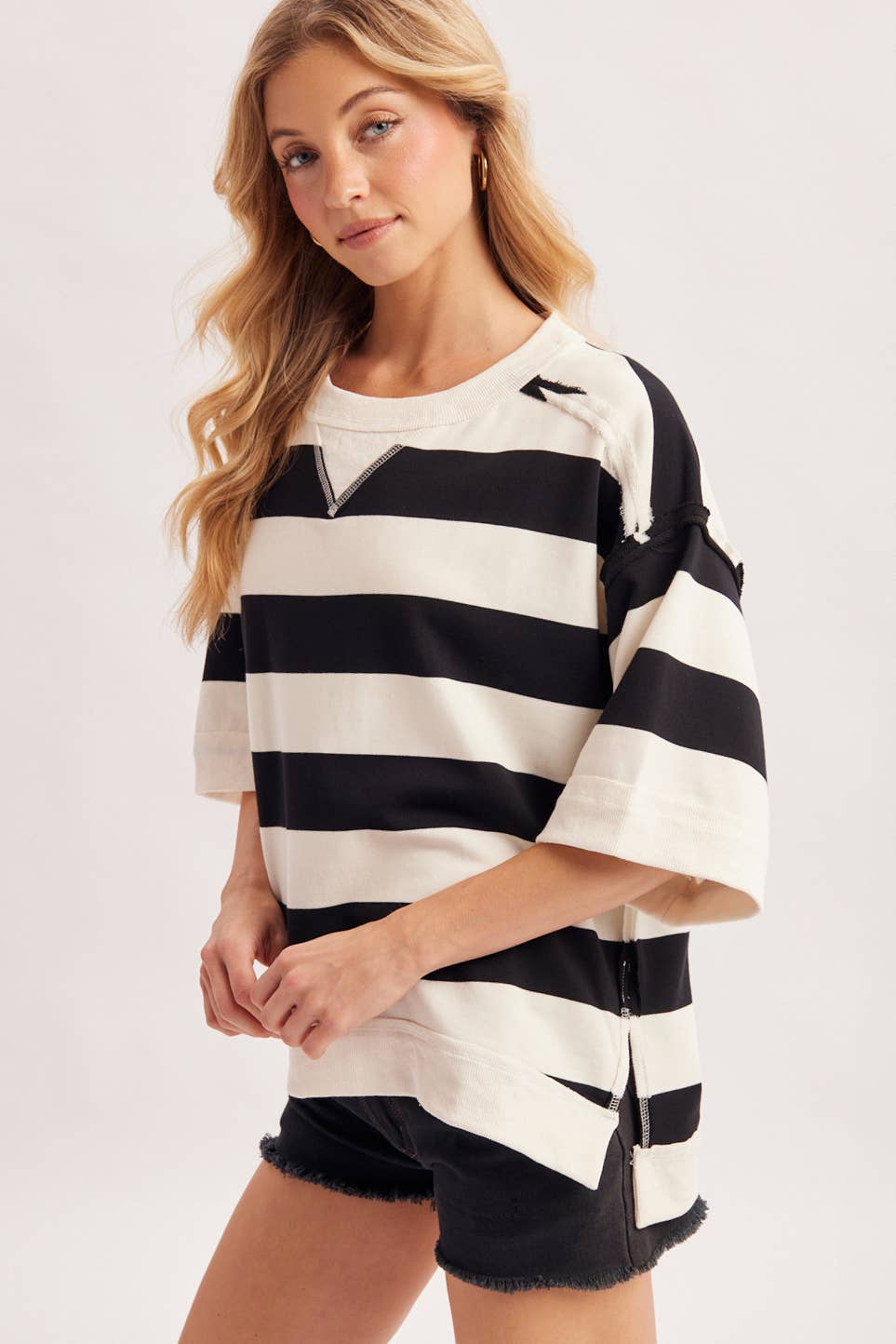 STRIPE OVERSIZED CREW NECK KNIT T-SHIRT TOP