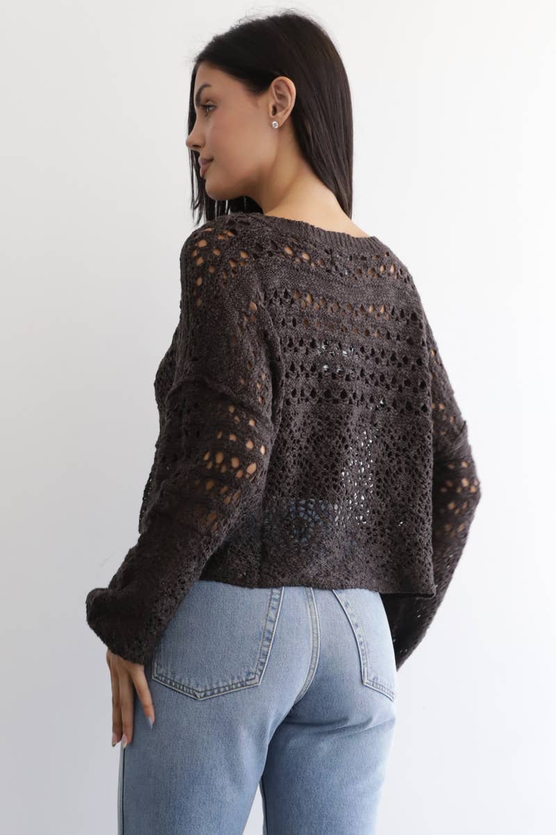 OPEN KNIT V NECK PULLOVER SWEATER