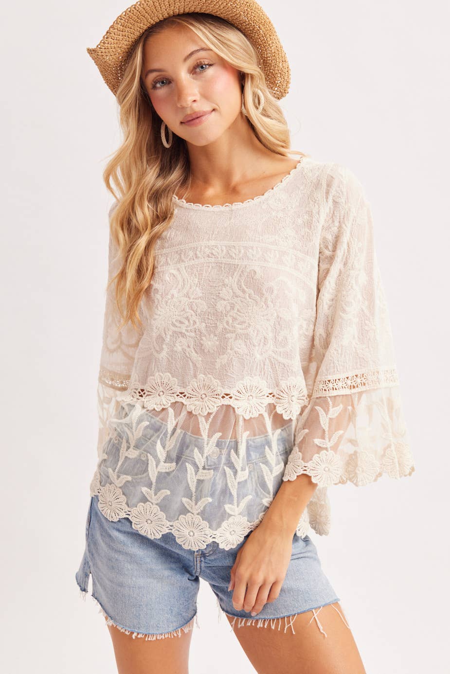 BOHO BELL SLEEVED PEPLUM CROCHET TOP