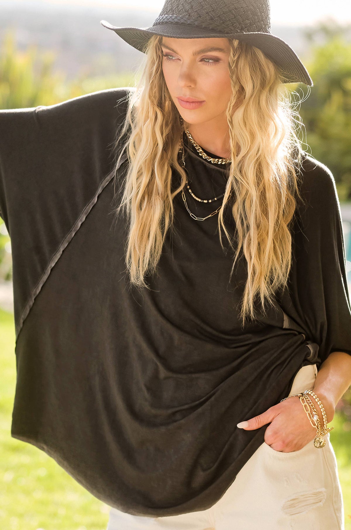 HBT7653-Dyed Fabric Round Neck Batwing Short Sleeve Top