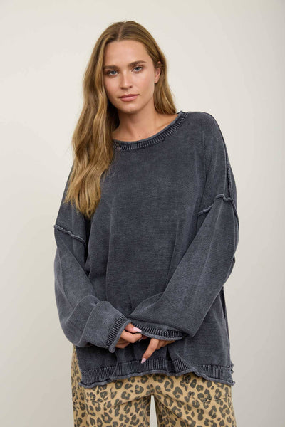 WASHED RAW EDGE CREW NECK DROP SLEEVE SWEATER