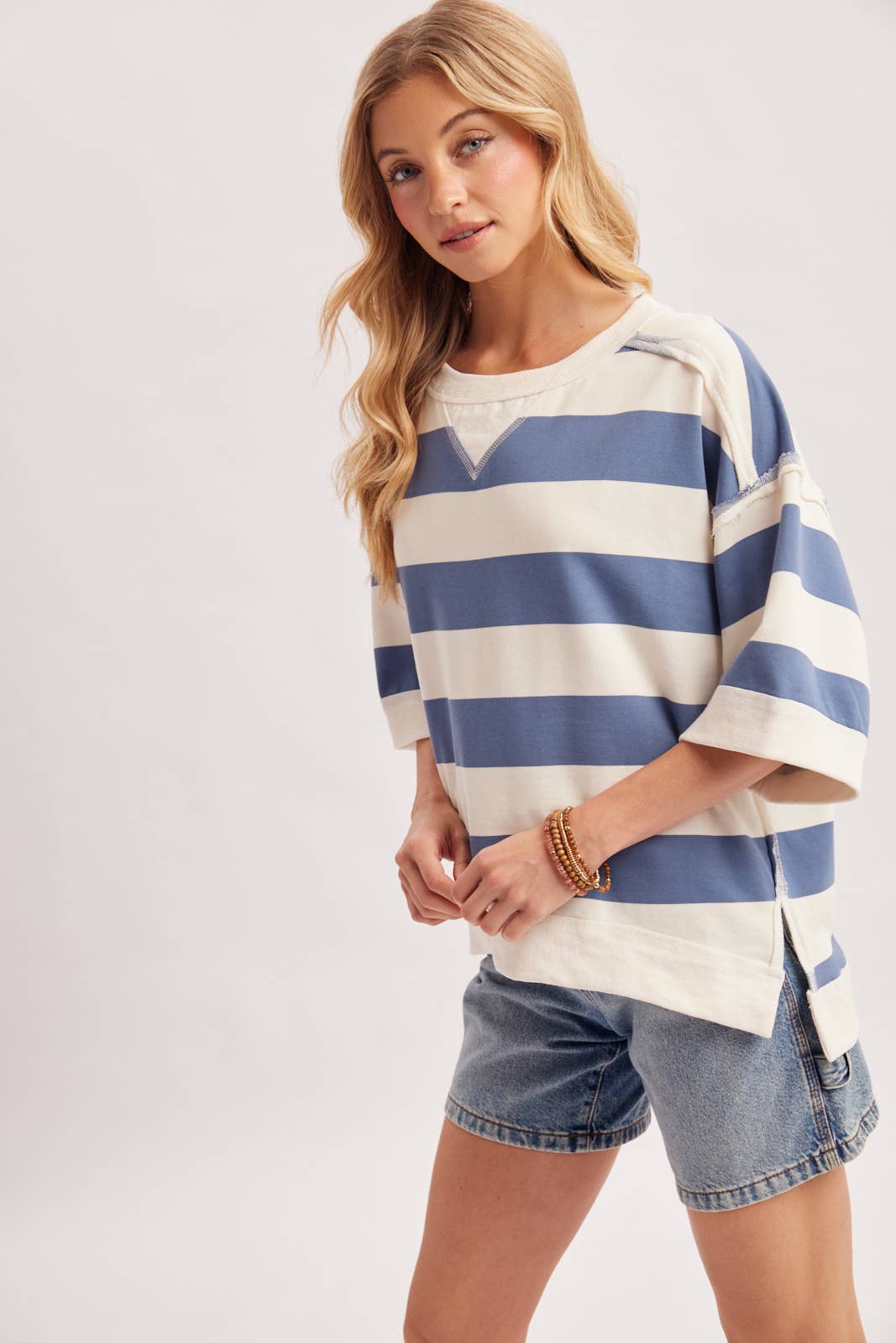STRIPE OVERSIZED CREW NECK KNIT T-SHIRT TOP
