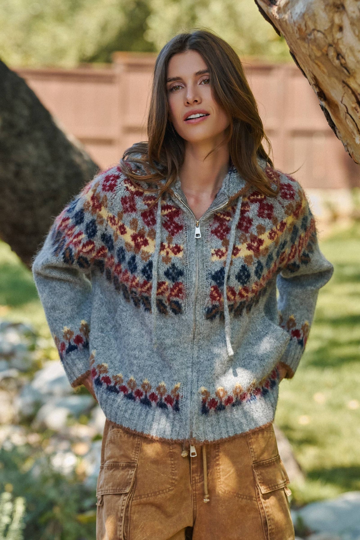 Fair Isle Knit Zip Hoodie Cardigan Sweater