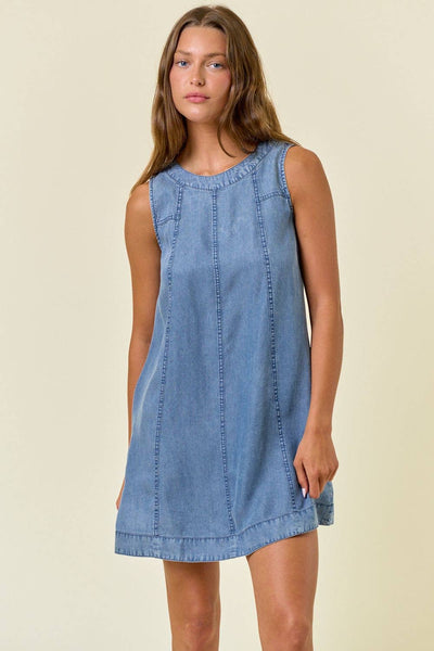 Chambray Round Neckline Sleeveless A-Line Mini Dress -28027D