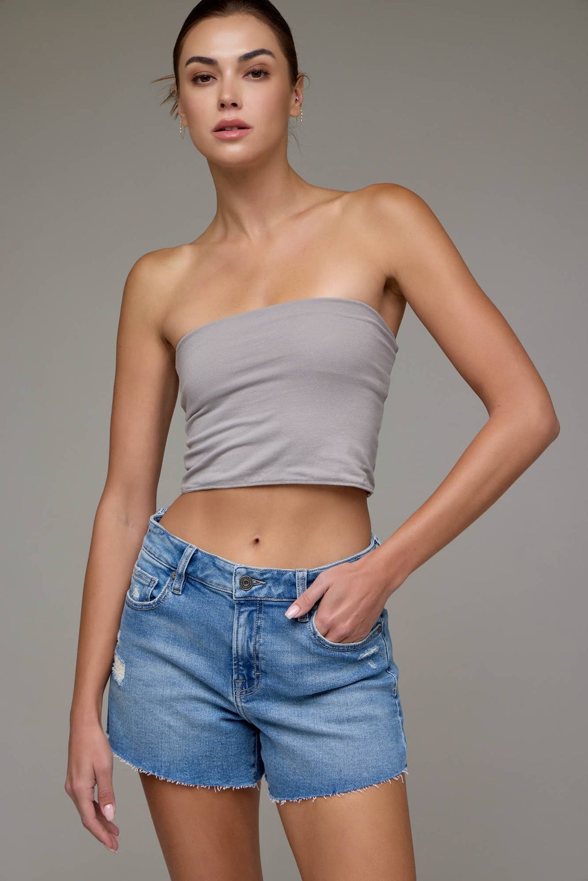 Medium Wash Mid Rise Stretch 4" Inseam Shorts