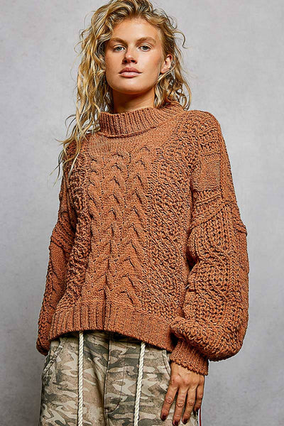 Mock Neck Balloon Sleeve Cable Knit Pullover Sweater