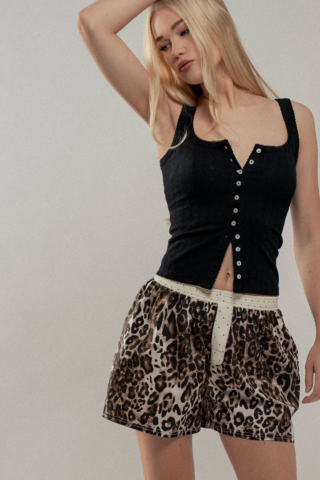 Ribbed Cotton Button-Front Picot Trim Tank
