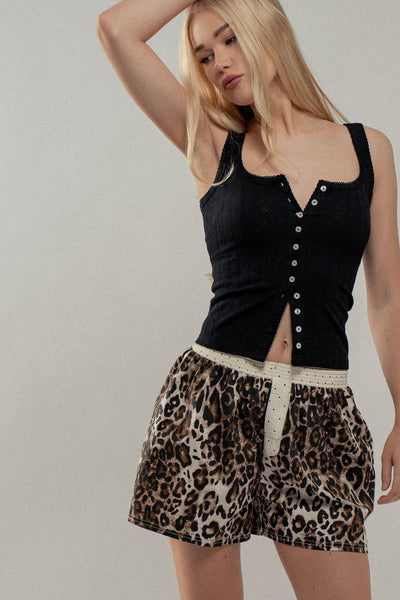 Ribbed Cotton Button-Front Picot Trim Tank