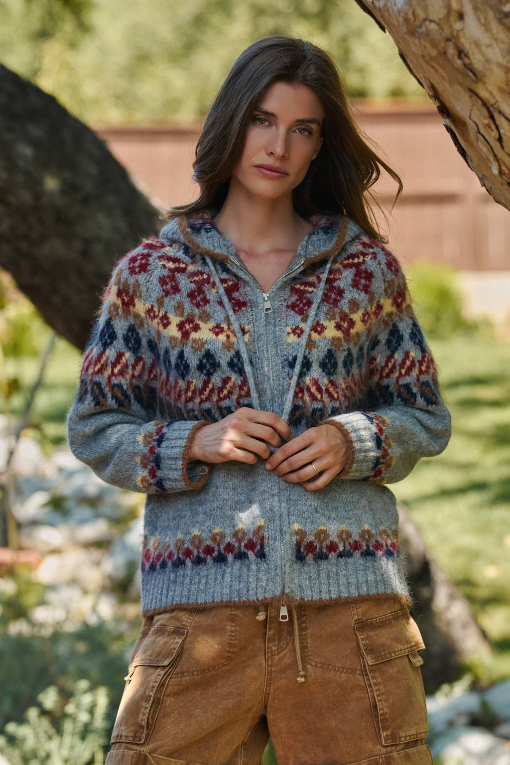 Fair Isle Knit Zip Hoodie Cardigan Sweater