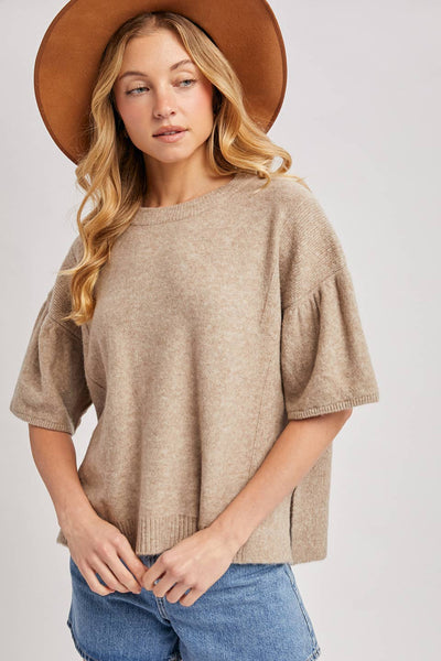 GATHERED SHORT SLEEVE BOXY KNIT SWEATER TOP
