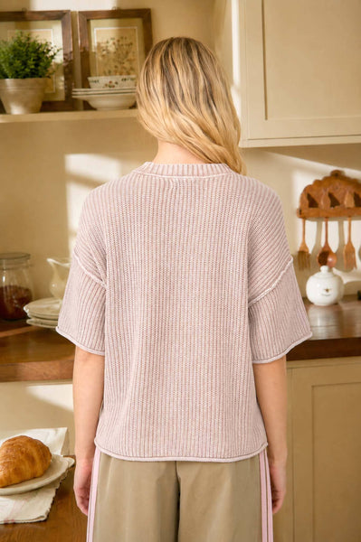 WASHED CREW NECK RAW EDGE SHORT SLEEVE SWEATER