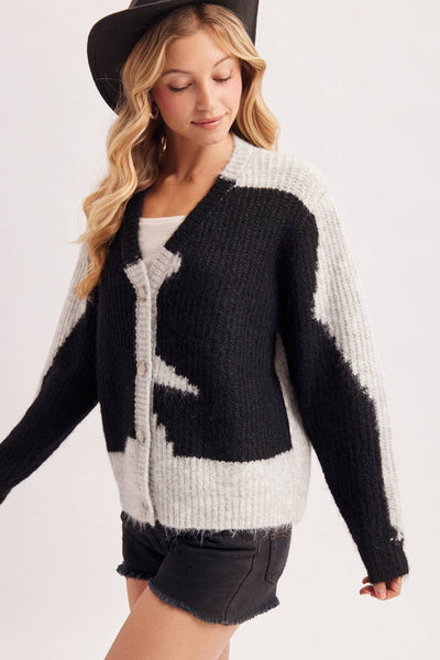 COWHIDE COLORBLOCK BUTTON DOWN FUZZY KNIT SWEATER CARDIGAN