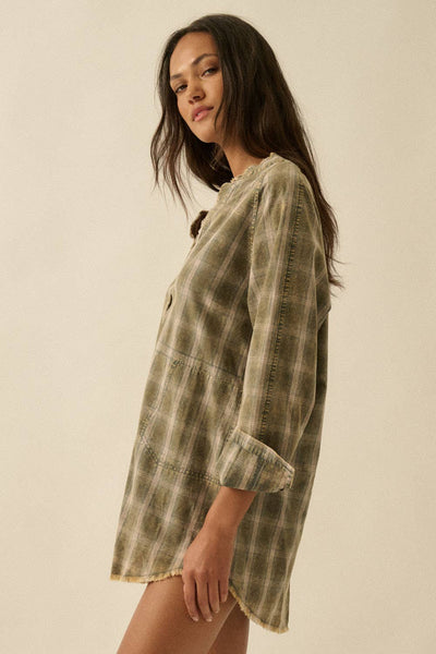 Plaid Flannel Raw-Edge Button-Up Mini Shirt Dress