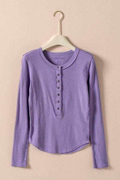 Ribbed Henley Long Sleeve Top