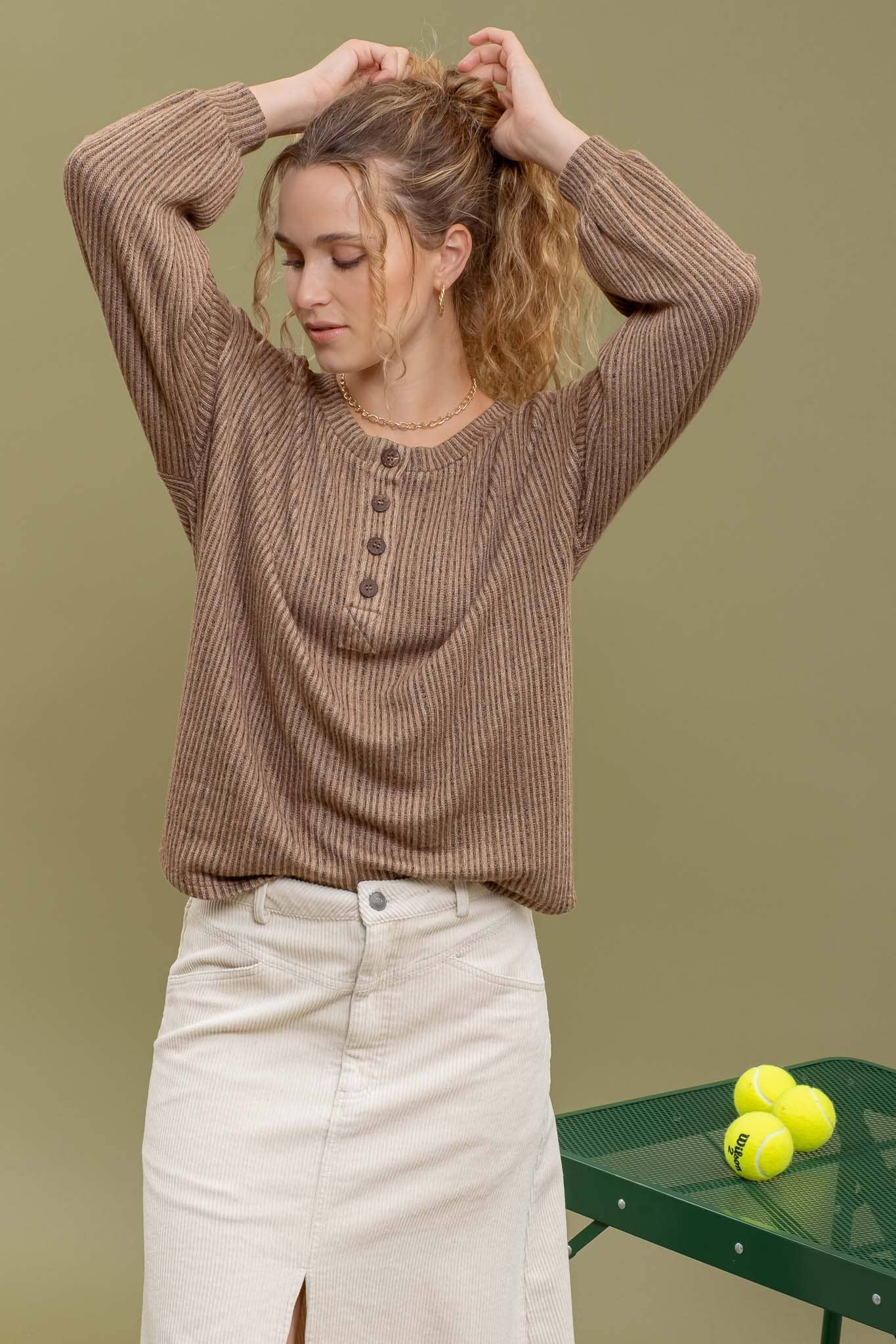 HALF BUTTON STRIPED KNIT TOP
