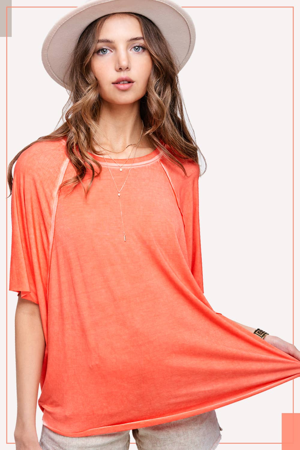 HBT7653-Dyed Fabric Round Neck Batwing Short Sleeve Top