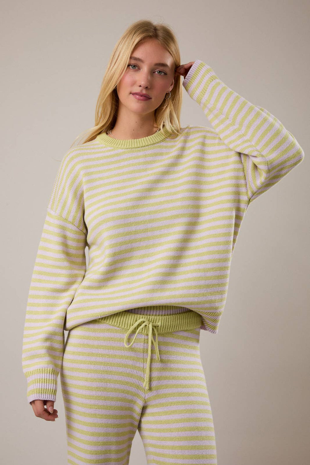 CREW NECK STRIPE SWEATER & WIDE LEG PANTS