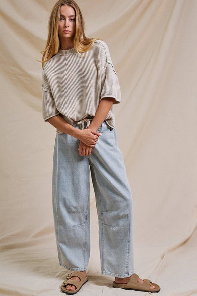 Relaxed Drawstring Barrel Denim Pants