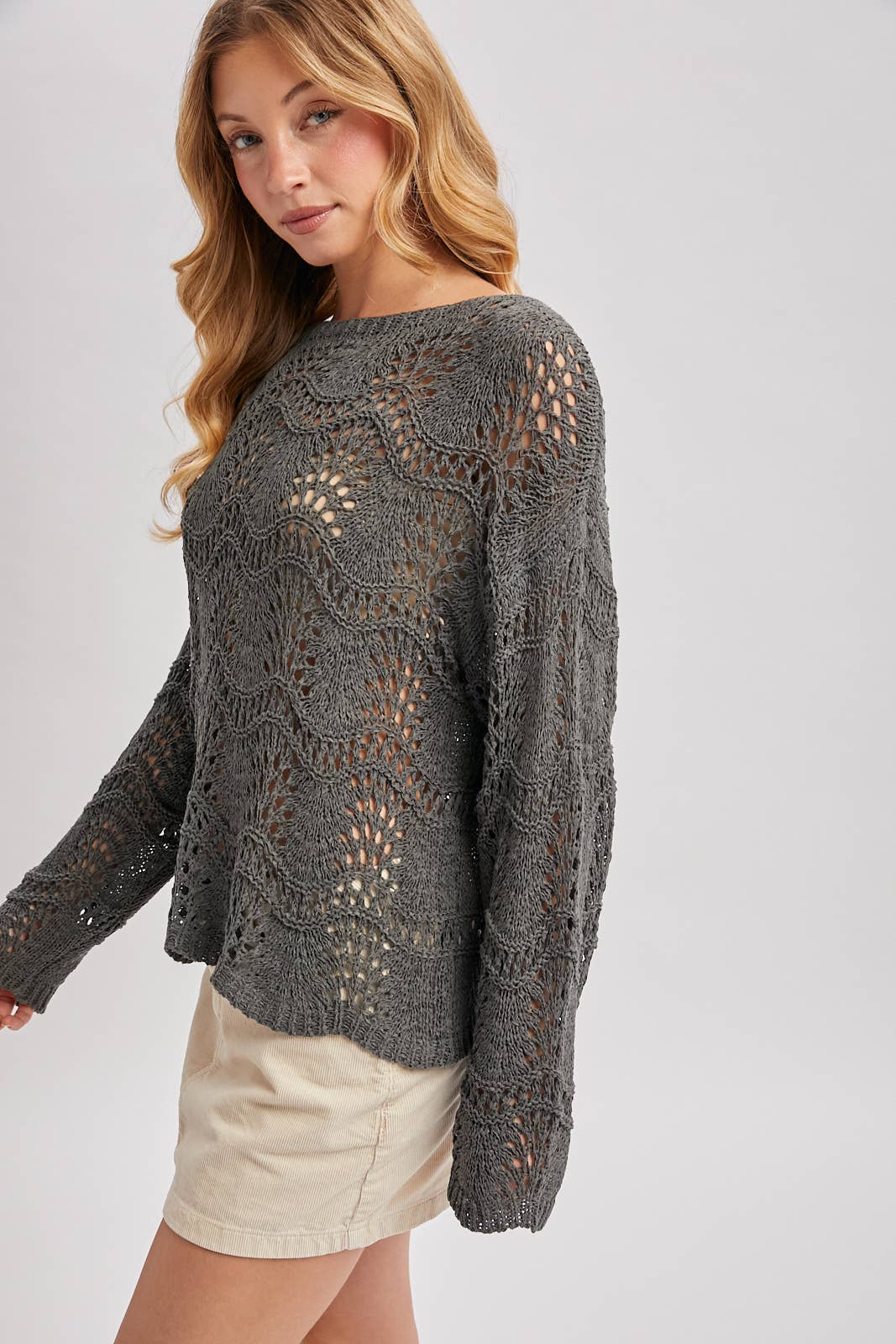 BOAT NECK SCALLOPED HEM OPEN KNIT SWEATER