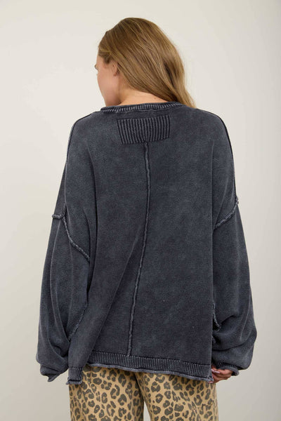 WASHED RAW EDGE CREW NECK DROP SLEEVE SWEATER