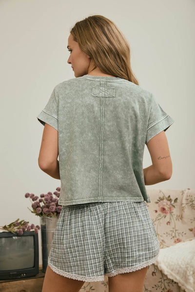 WASHED SHORT SLEEVE BOXY KNIT TOP