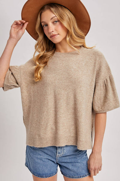 GATHERED SHORT SLEEVE BOXY KNIT SWEATER TOP
