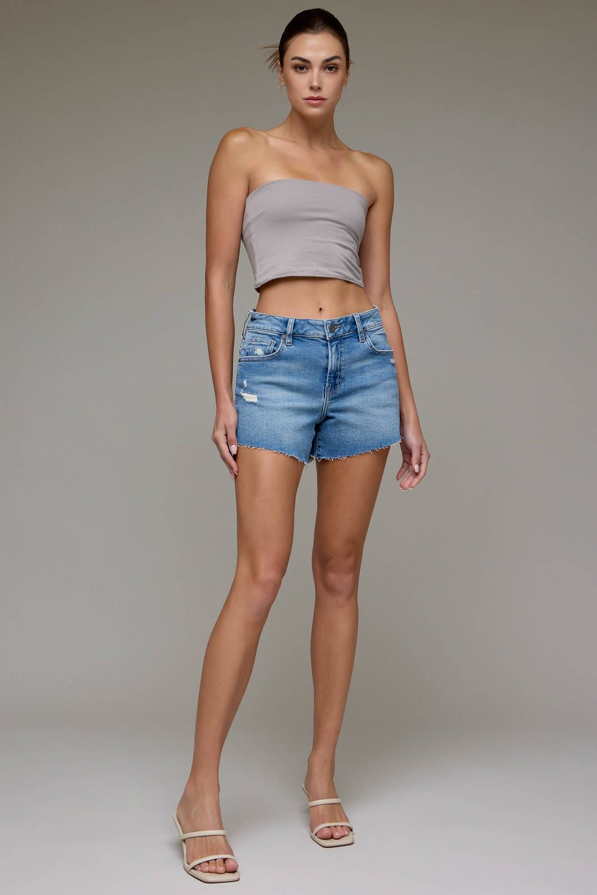 Medium Wash Mid Rise Stretch 4" Inseam Shorts