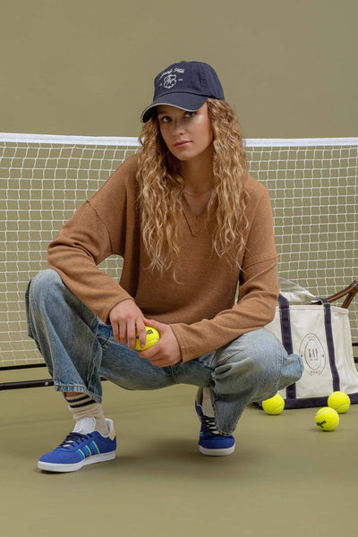 SOLID NOTCH NECK KNIT TOP: ALMOND