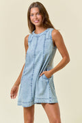 Chambray Round Neckline Sleeveless A-Line Mini Dress