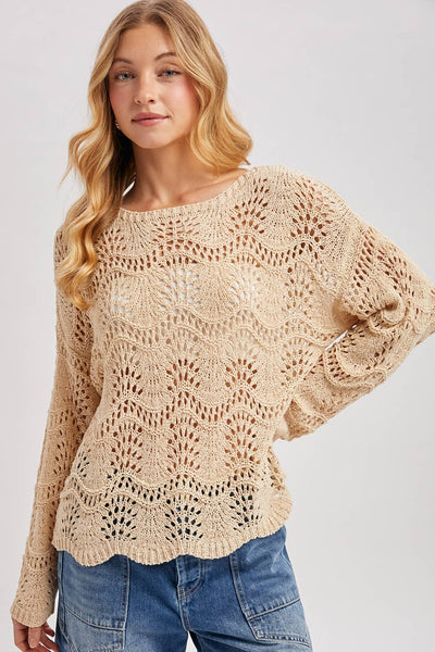 BOAT NECK SCALLOPED HEM OPEN KNIT SWEATER