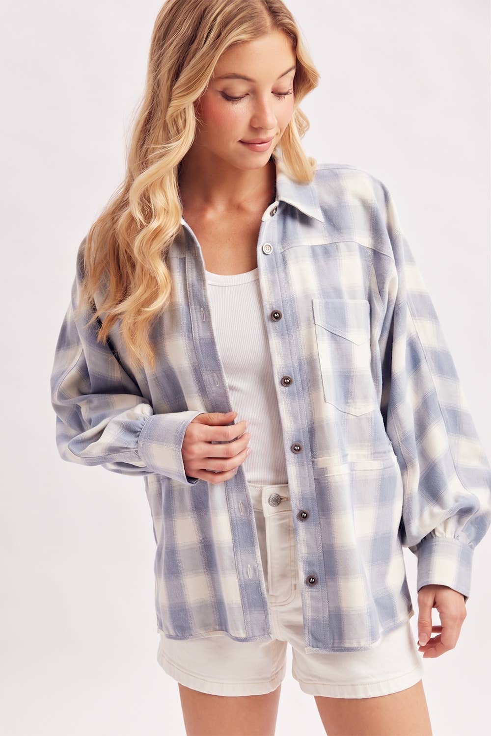 BUTTON DOWN PLAID SHACKET