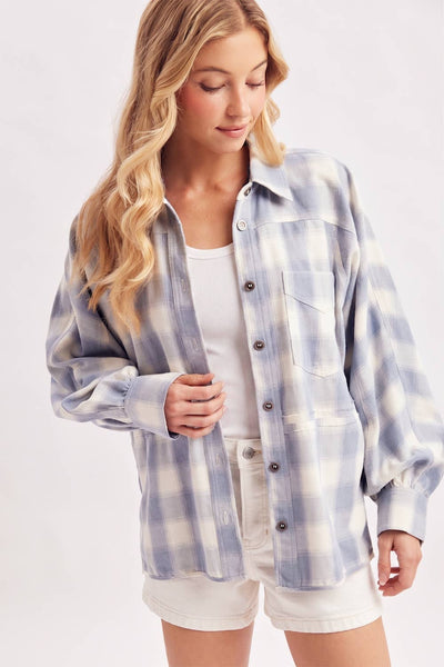 BUTTON DOWN PLAID SHACKET