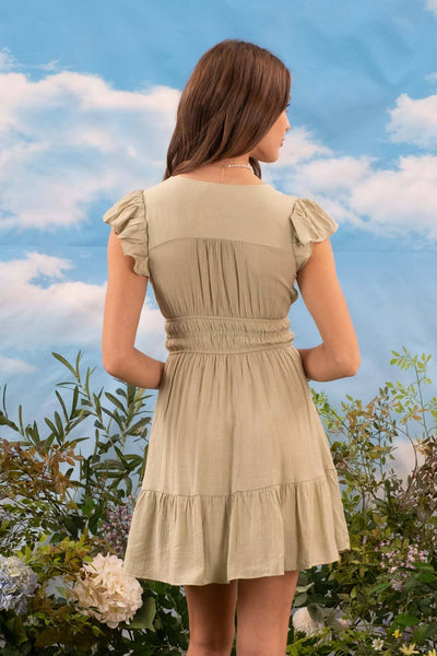 V NECK SHORT SLEEVE RUFFLE DETAIL SHIRRED MINI DRE