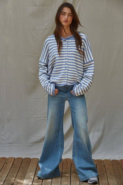 W2297 | Knit Sweater Striped Buttondown Cardigan Top