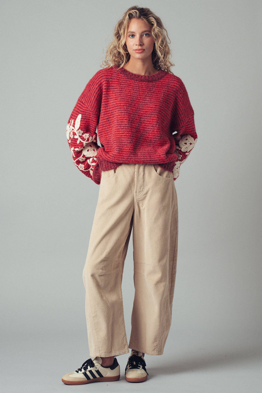 Floral Embroidered Striped Knit Sweater