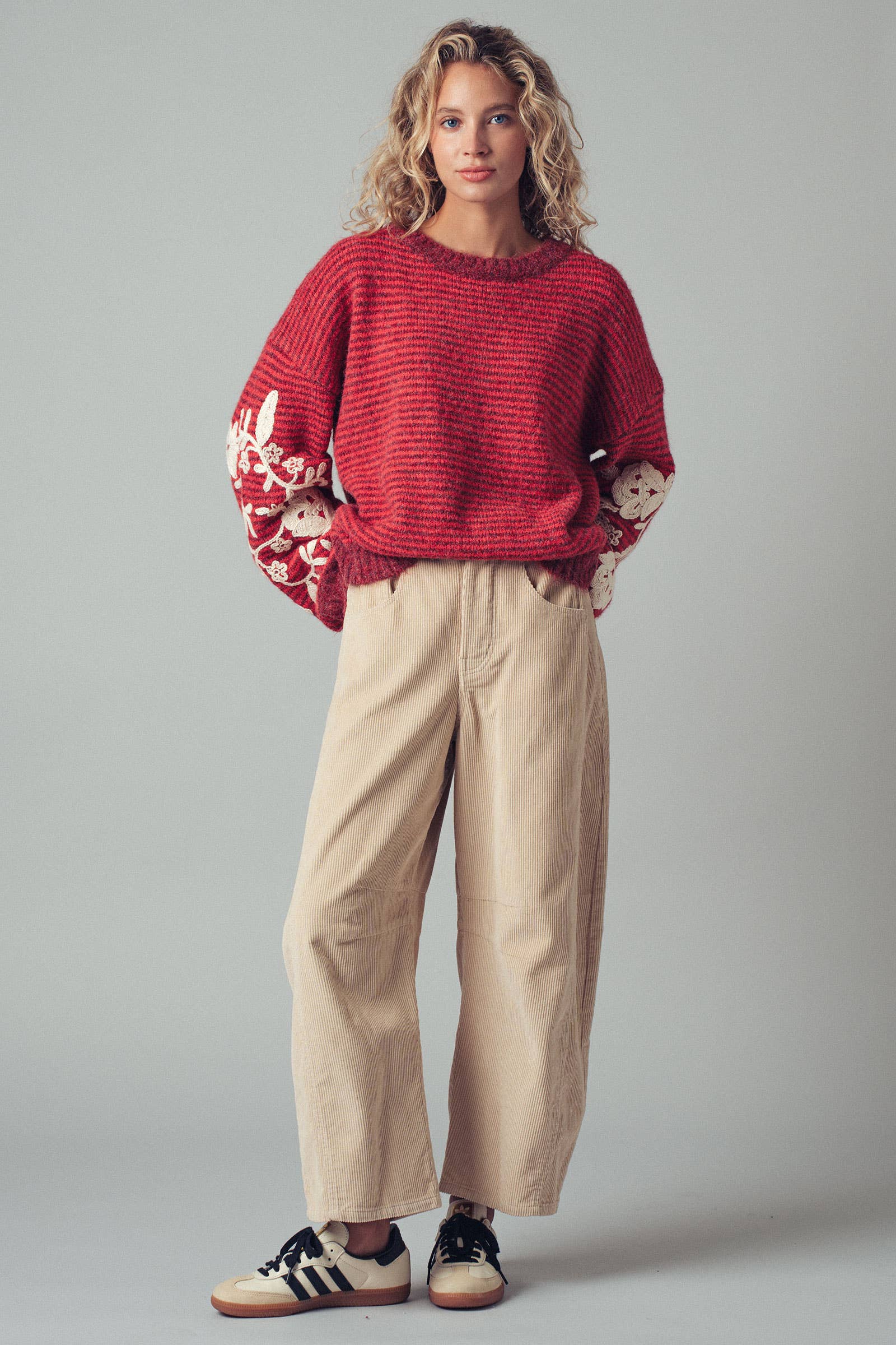 Floral Embroidered Striped Knit Sweater