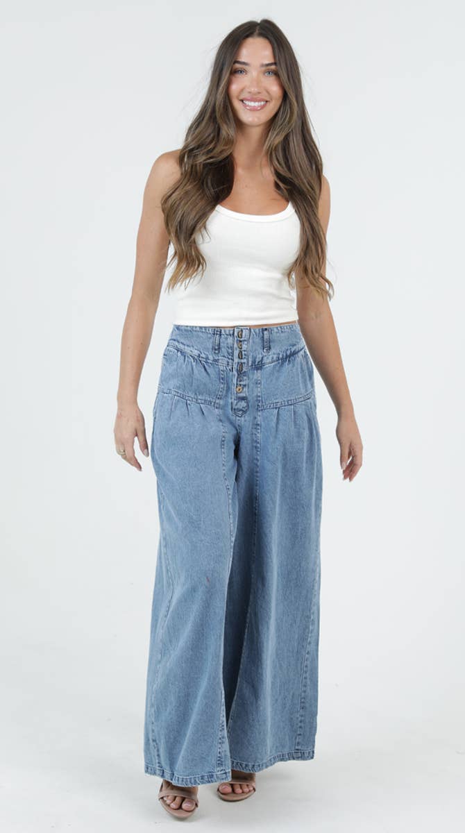 B3794-ASIS ACID WASH BUTTON FRONT WIDE LEG PANTS