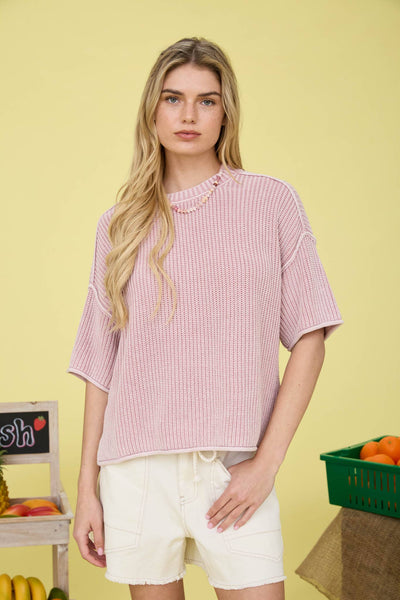 WASHED CREW NECK RAW EDGE SHORT SLEEVE SWEATER