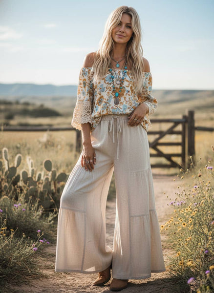 Linen Blend Tiered Wide Leg Palazzo Full Length Pants