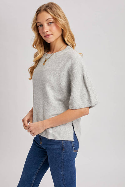 GATHERED SHORT SLEEVE BOXY KNIT SWEATER TOP