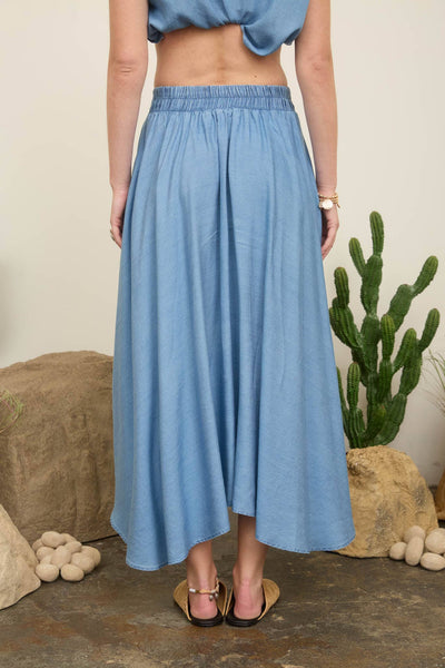 CHAMBRAY PLEATED MIDI SKIRT