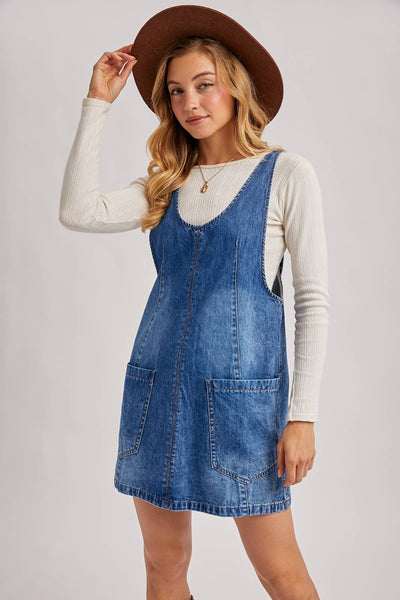 DENIM WASHED OVERALL POCKET DRESS