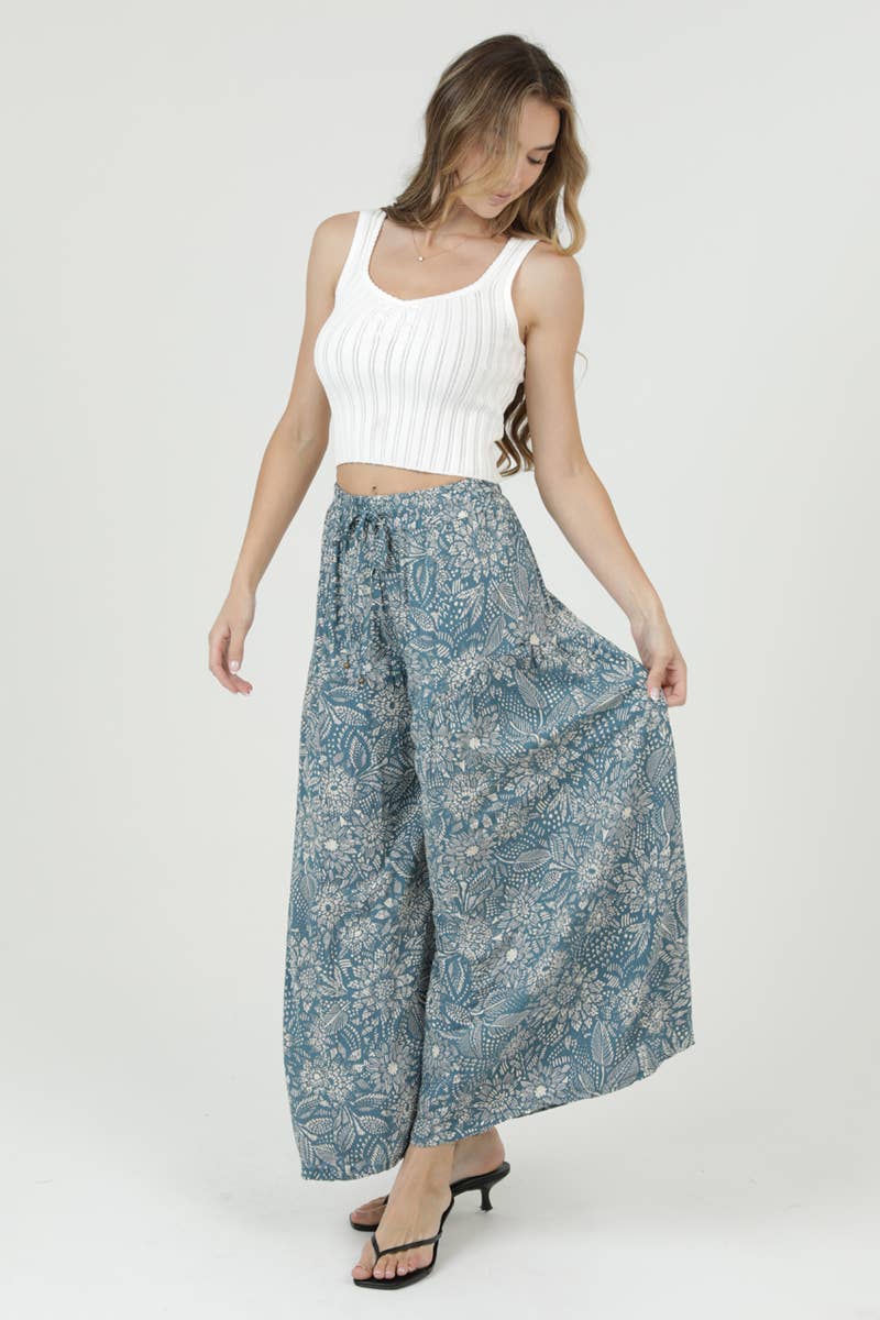 B3726-A982 PRINTED WIDE LEG PANTS WITH ELASTIC DRAWSTRING WA