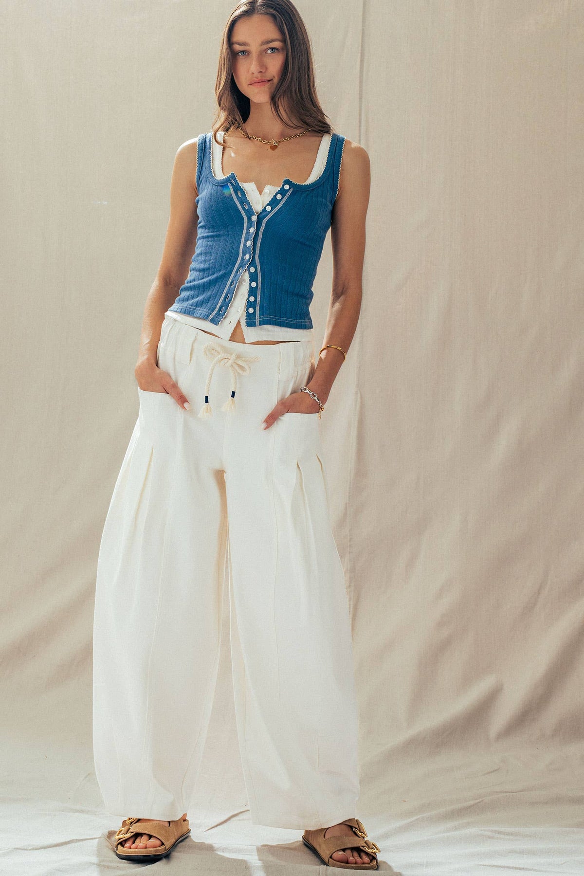 Ribbed Cotton Button-Front Picot Trim Tank