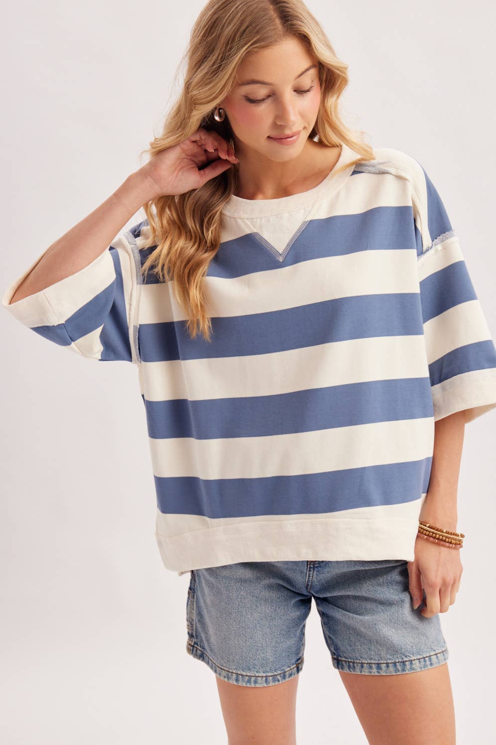 STRIPE OVERSIZED CREW NECK KNIT T-SHIRT TOP