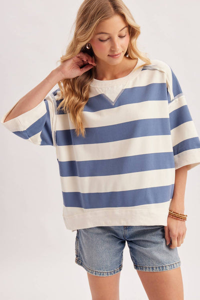 STRIPE OVERSIZED CREW NECK KNIT T-SHIRT TOP