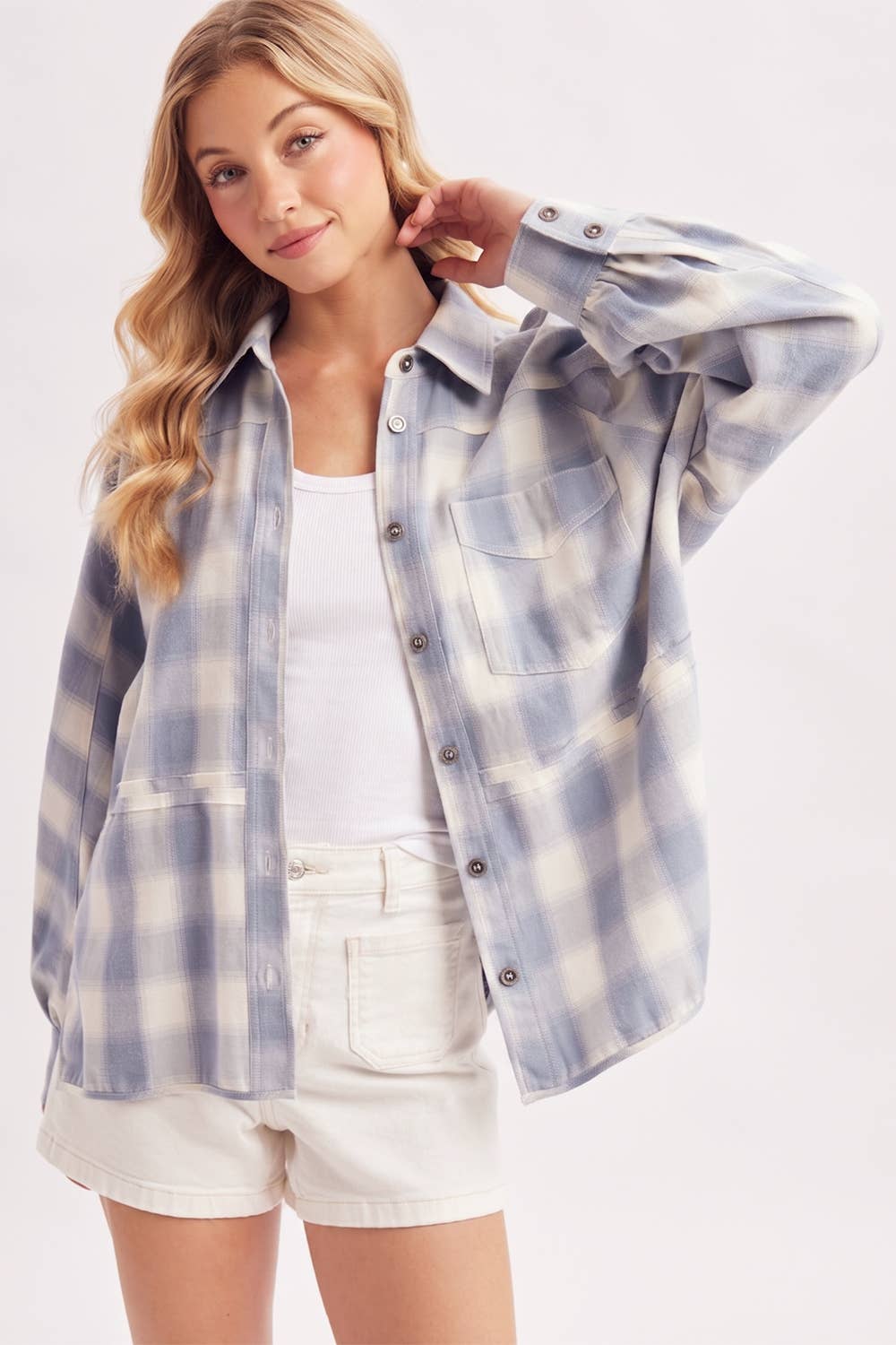 BUTTON DOWN PLAID SHACKET