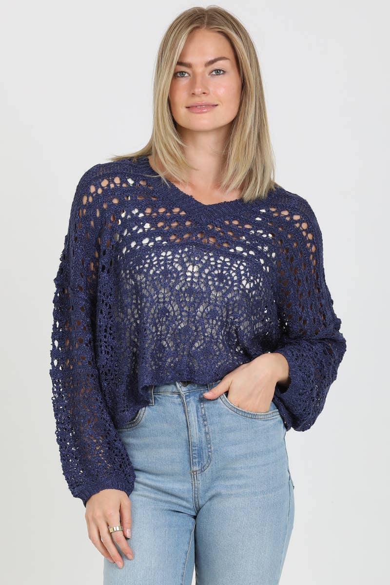 OPEN KNIT V NECK PULLOVER SWEATER