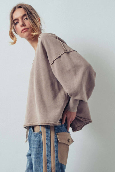 Raw Edge V-Neck Oversized Sweatshirt