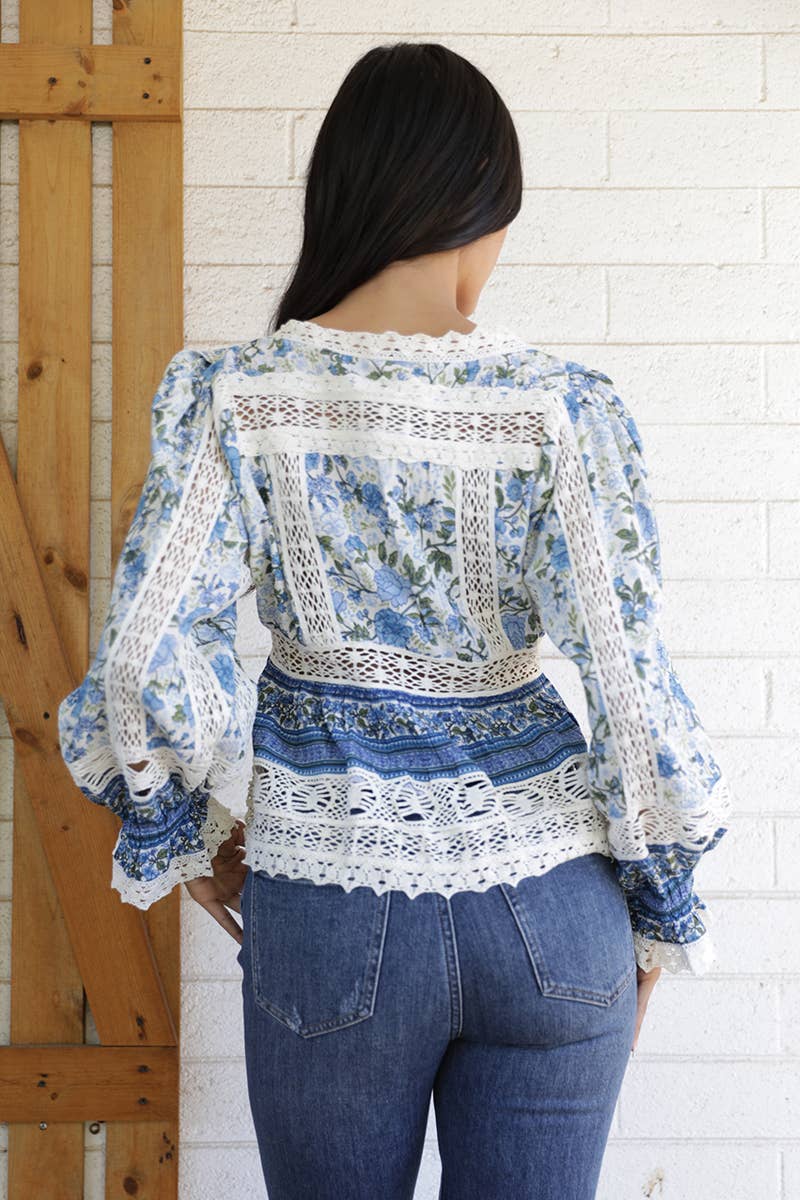 LACE TRIM TIE FRONT LONG SLEEVE BLOUSE
